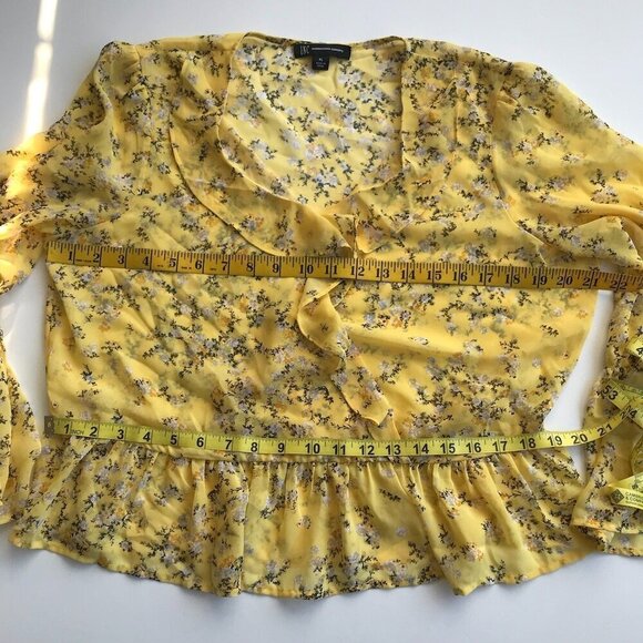INC Yellow Floral Print Petite V-neck Top Sheer Blouse Ruffles V-neck PL - Picture 15 of 16